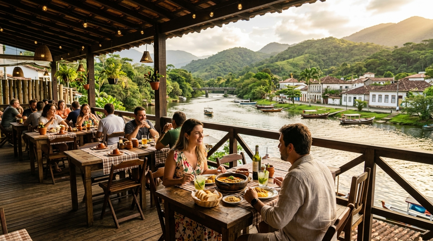 Terraço de restaurante à beira do rio em cidade gaúcha, com mesas, comida e morros verdes ao fundo (imagem ilustrativa)