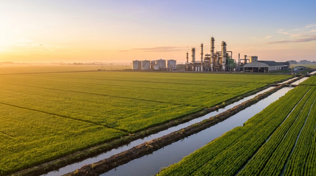 Lavoura de arroz irrigada no Rio Grande do Sul com usina de etanol ao fundo (imagem ilustrativa)