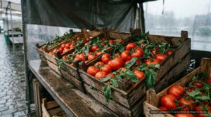 Caixotes de madeira com tomates vermelhos em bancada de feira sob luz fria (imagem ilustrativa)