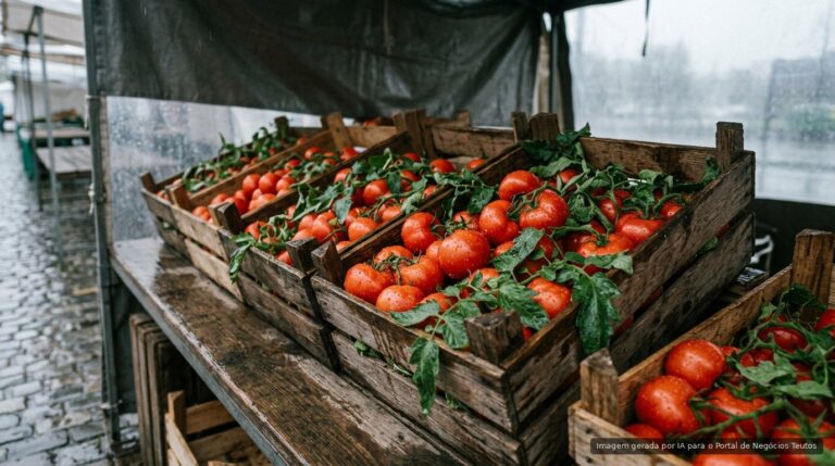 Caixotes de madeira com tomates vermelhos em bancada de feira sob luz fria (imagem ilustrativa)