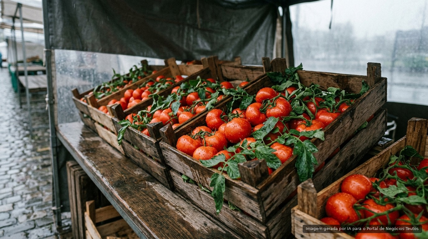 Caixotes de madeira com tomates vermelhos em bancada de feira sob luz fria (imagem ilustrativa)