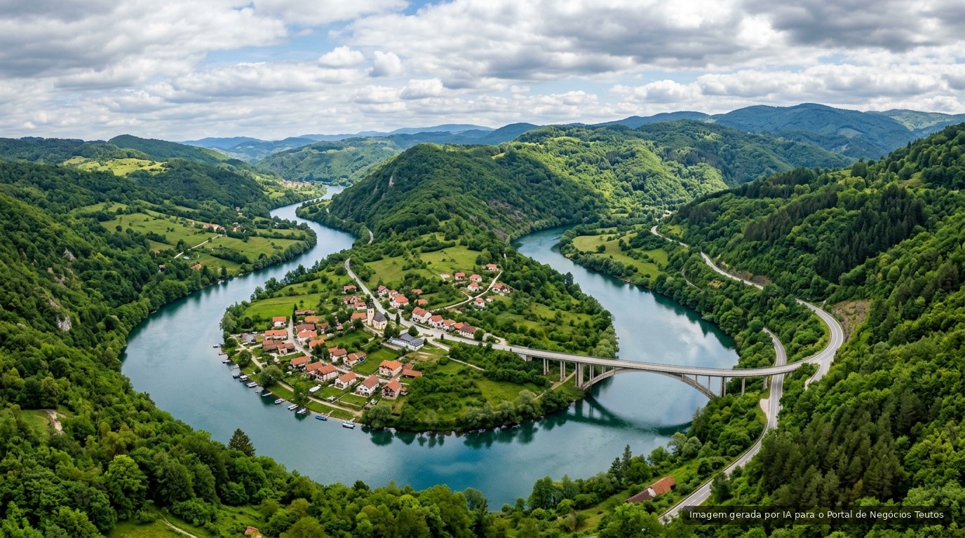 Vista aérea de rio cortando vale verde com cidade ribeirinha e ponte (imagem ilustrativa)